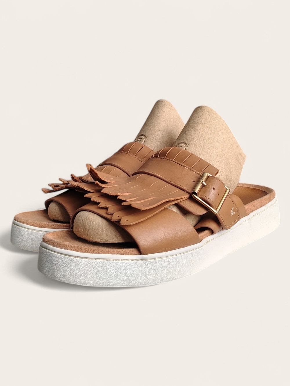 Vionic Women's Splendid Fillmore Tan Fringed Leather Slide Sandals Size 9 Wide